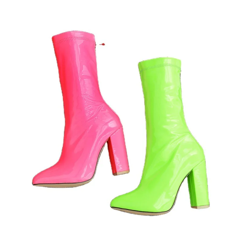 2022 Sexy Fashion Fluorescent Green Red Ankle ZIP Boots High Heels  Women Autumn Chelsea Boots Pointed Toe Women Pumps
