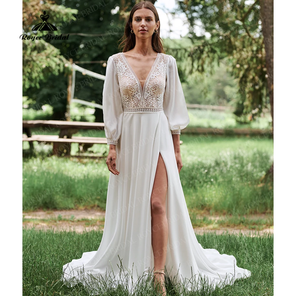 

Bohemian Long Slevees Wedding Dress V Neck Lace Beach Bridal Gowns Simple Chiffon Bridal Dresses Sweep Train robe de mariee