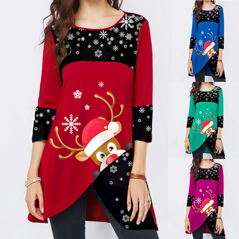 2023 New Women's Fashion Snow Elk Print Long Sleeve Round Neck Christmas T-shirt Top Female Casual Lady Tops Shirts