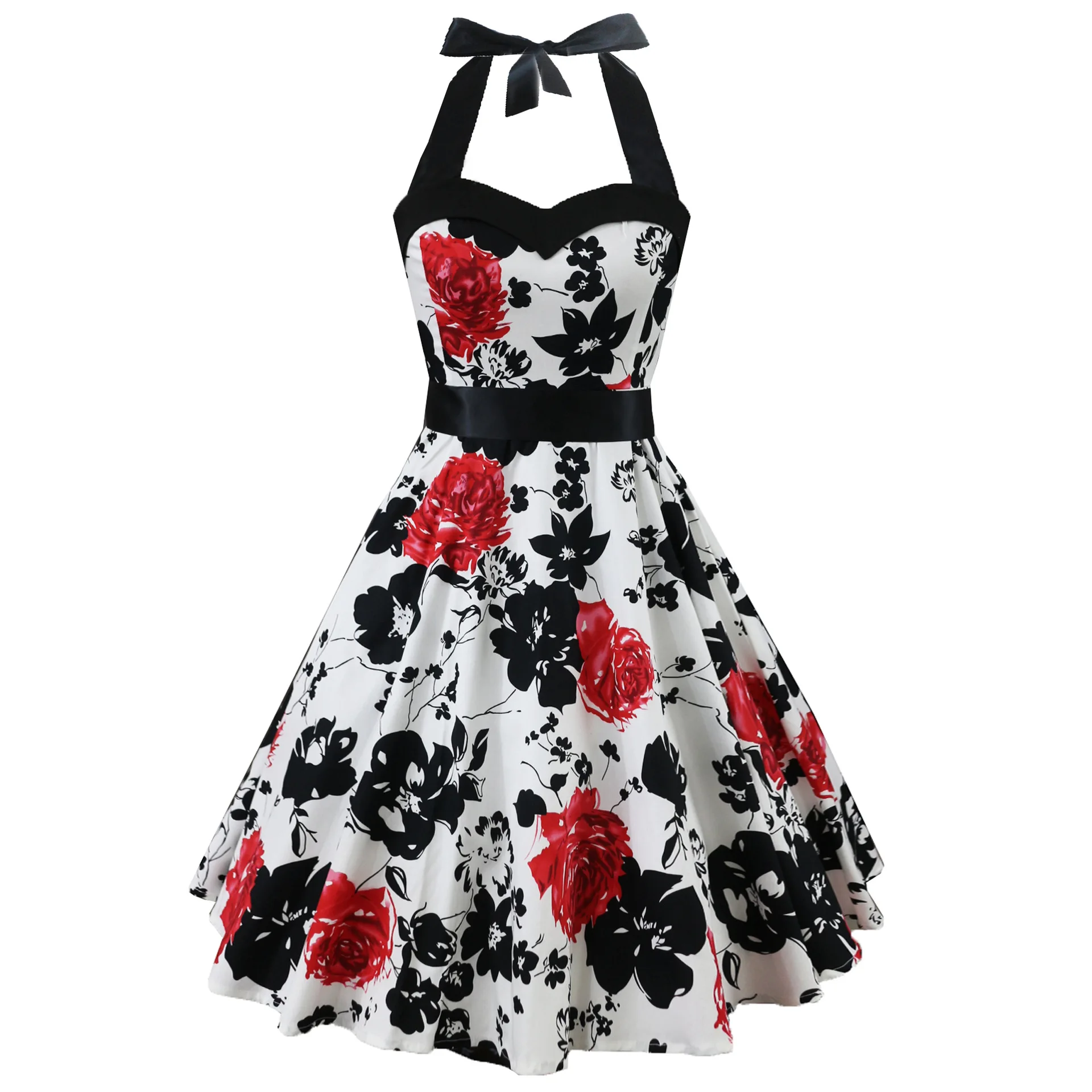 

Vintage Floral Printed Peach-neck Simple Hanging Neck Large Swing Puffy Dress with Belt Goods Summer Short Dresses