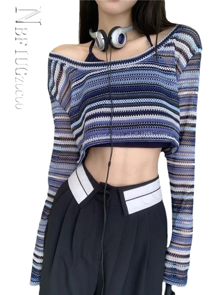 

Harajuku Striped T-shirts Women Crop Tops Vintage Streetwear Sexy Sweet Casual Girl Long Sleeve T-Shirts Fashion