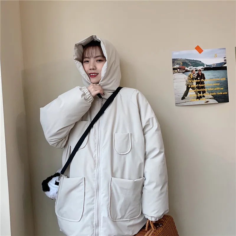 Women Thick Quilted Jackets Winter Warm Hooded Loose Cotton Coats Autumn Female Solid Color Casual Outwear Overcoat with Pockets