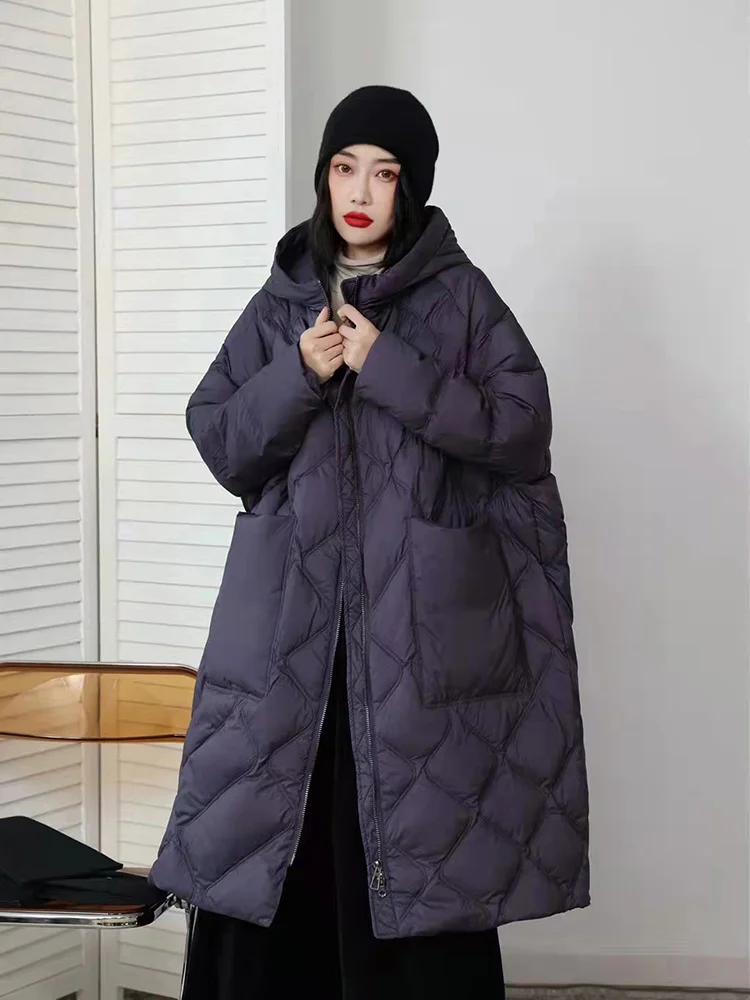 90% Winter Women Thick Warm 2023 New White Duck Coat Loose Hooded Female Pocket Long Puffer Parkas Snow Jackets Outwear