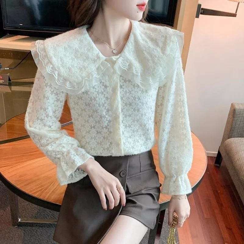 

Casual blouse female 2022 autumn new fashion wild doll neck shirt sweet temperament rush sleeve solid casual blouse clothing