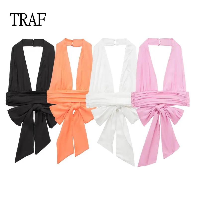 

Женский Атласный топ с рюшами и открытой спиной, без рукавов