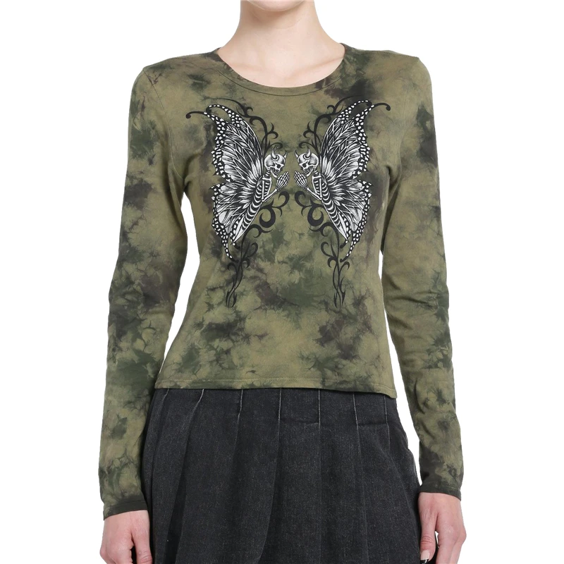 

y2k Grunge Fairycore Clothes Tops Women Butterfly Print Round Neck Long Sleeve T Shirts Graphic Tees 2000s Clothing Streetwear