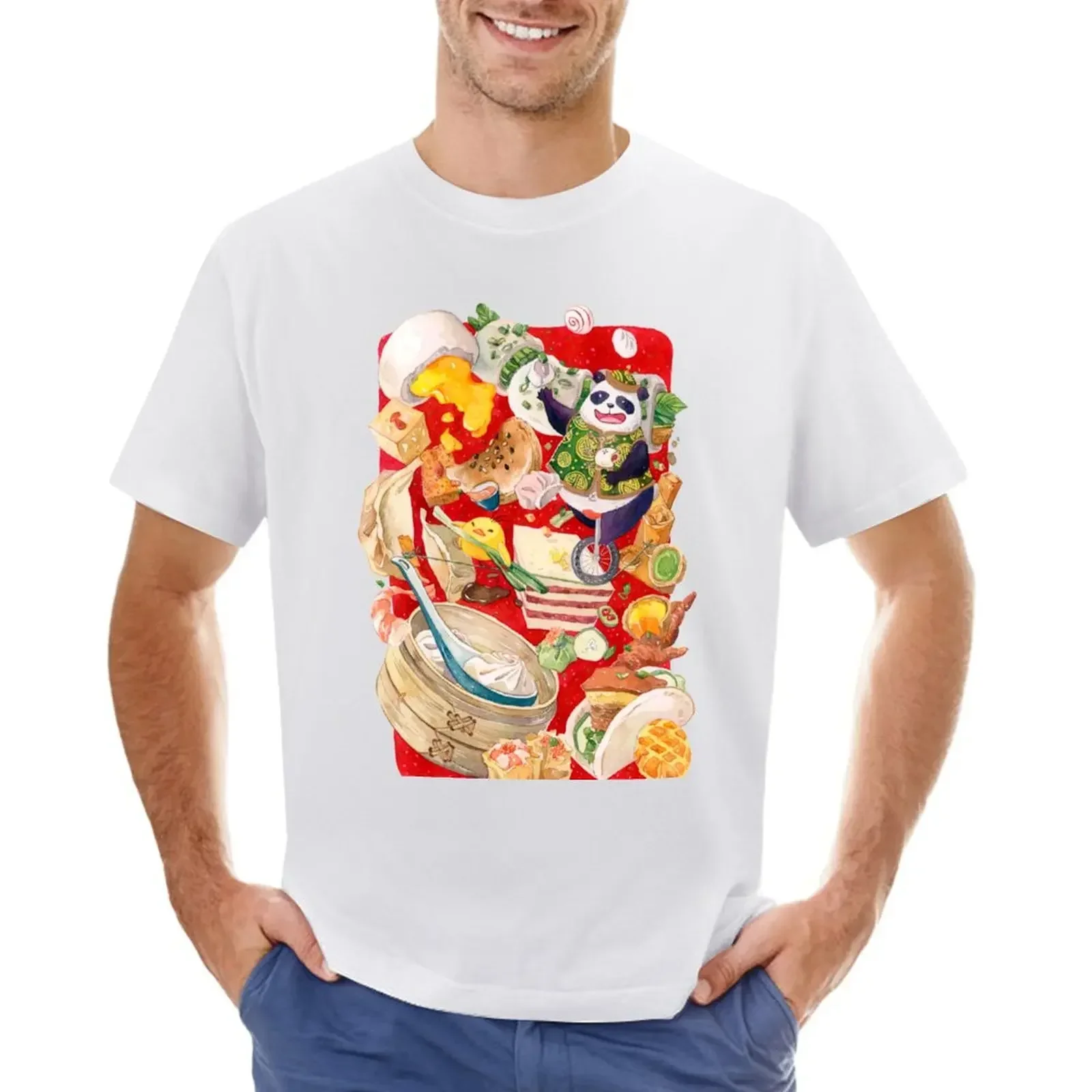 Быстросохнущие корейские модные мужские Графические футболки Panda Dim Sum