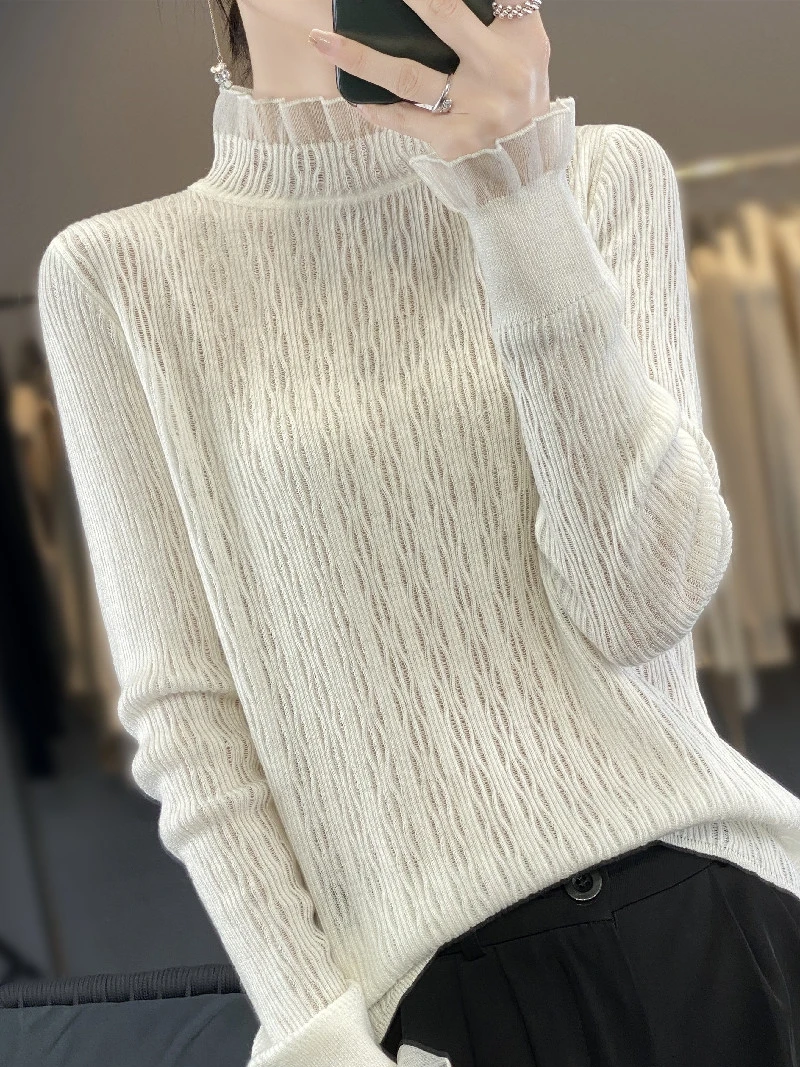 Кружевная кружевная рубашка с длинными рукавами и грибком женская тонкая