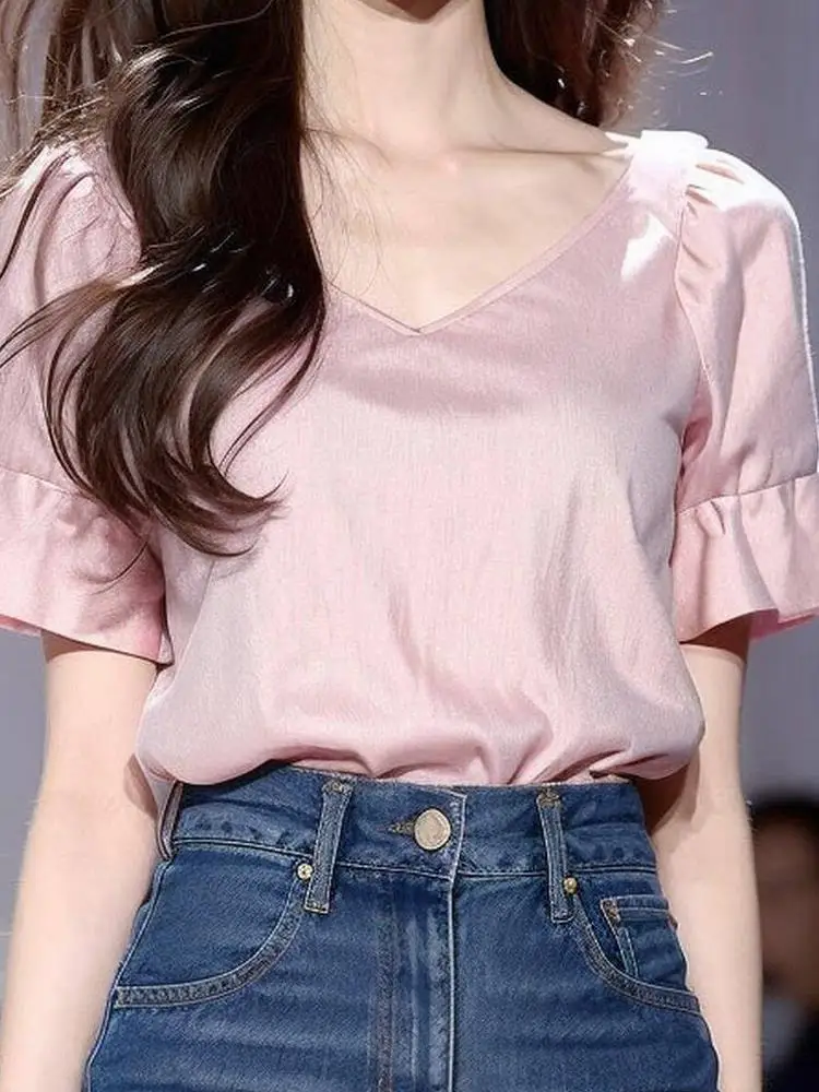 Модная женская рубашка с V-образным вырезом и коротким рукавом |