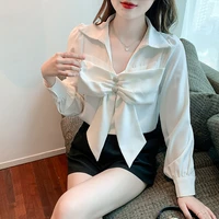 bow tie solid white women shirt chic v neck long sleeve women%e2%80%99s tops mujer dropshipping spring summer 2022 office ladies blouse