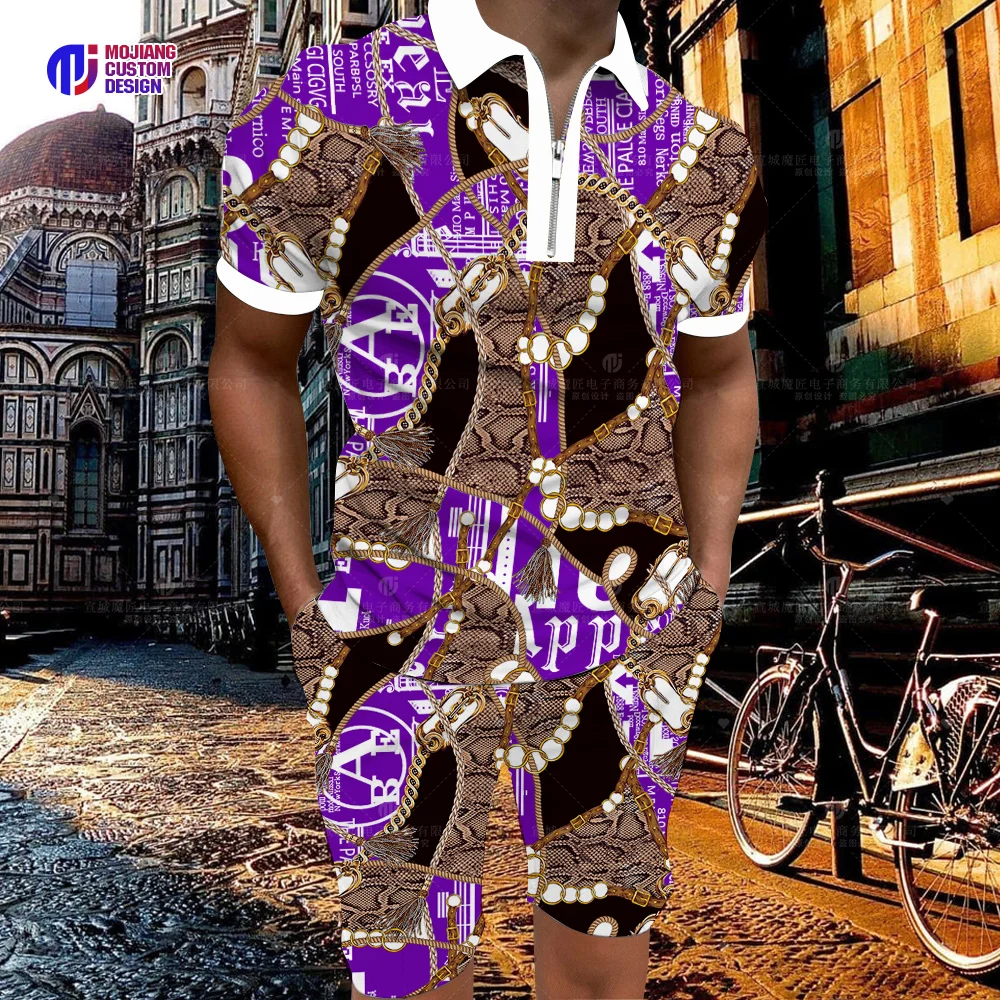 Men's 3D Polo Shirt and Shorts Set Casual Brand Pattern Printed Short Sleeve Zippered Polo Shirt and Shorts Men's Casual Suits