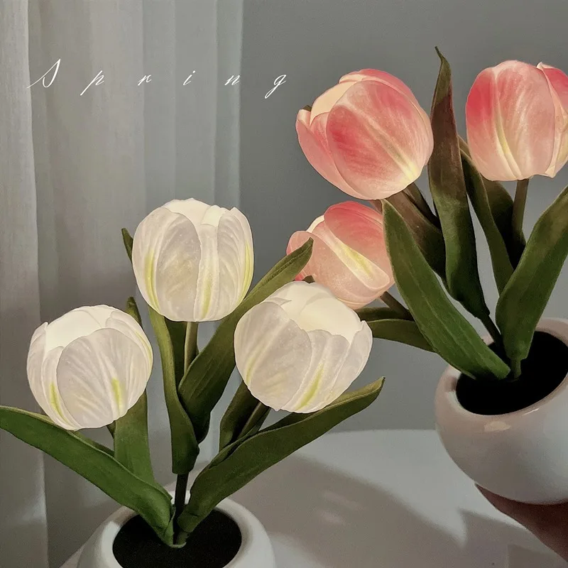 INS Tulips Artificial Flowers Night Light LED Interior Decoration Bouquet Lamp Simulation Atmosphere Photography Accessories