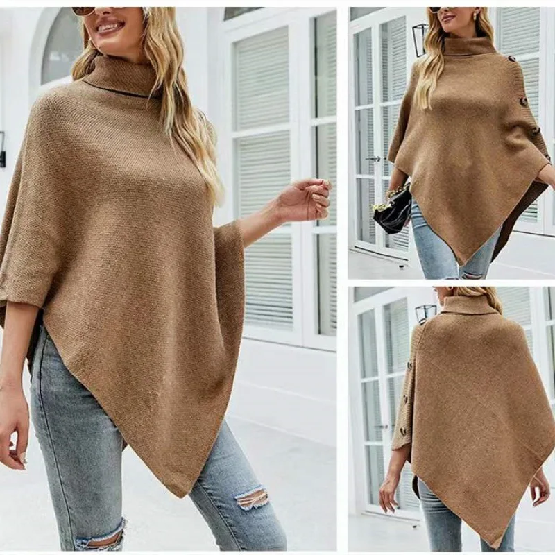 

Women's Solid Turtleneck Oversized Cape Coats 2022 Autumn Winter Shawl Cloak Sweater Ponchos Pullovers Knitted Bat Sleeved Tops