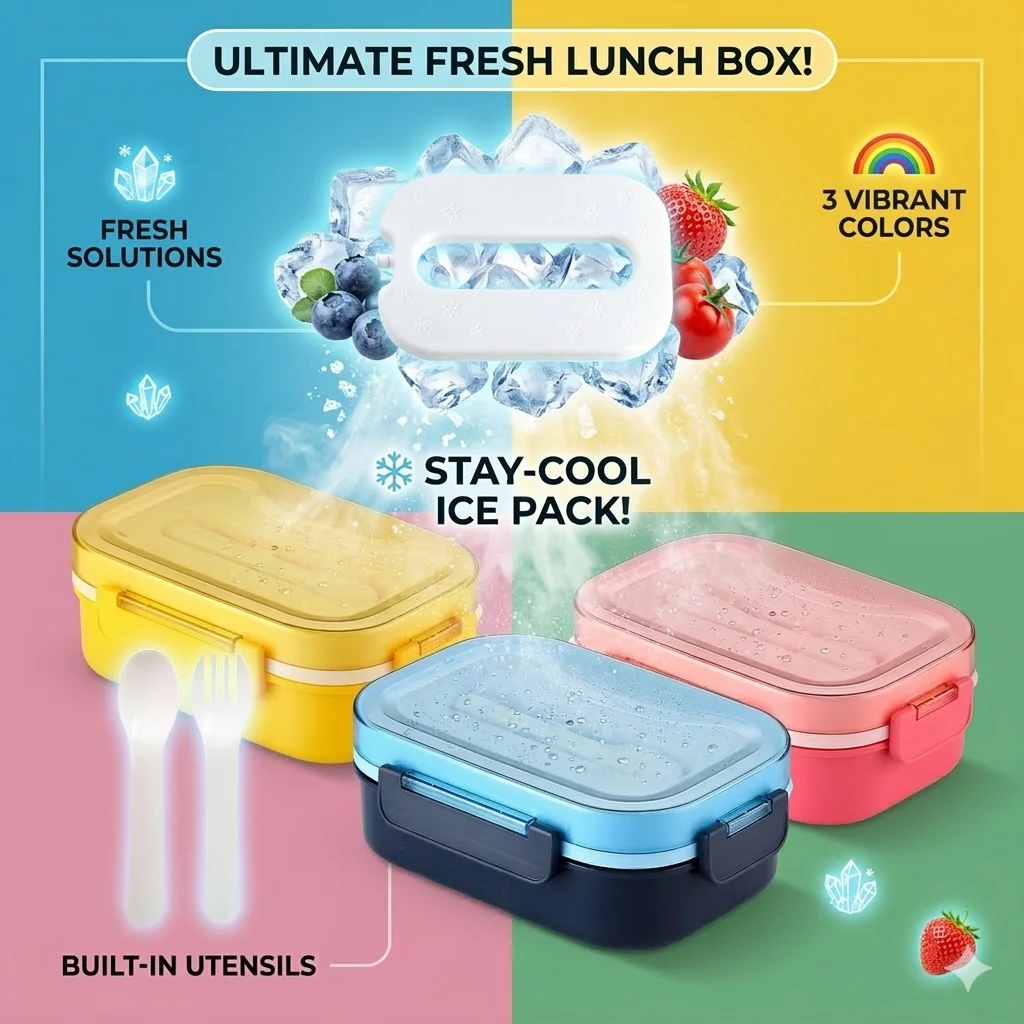 Фото ICE Pack Bento Box Разделитель соуса Fresh Sala Box ICE Ланч-бокс Герметичный пикник с вилкой и ложкой для детей Школьный офис №1