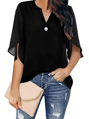 Женская шифоновая блузка на пуговицах, Повседневная однотонная Свободная блузка в Корейском стиле с разрезом, полурукавами и V-образным вырезом, лето 2022