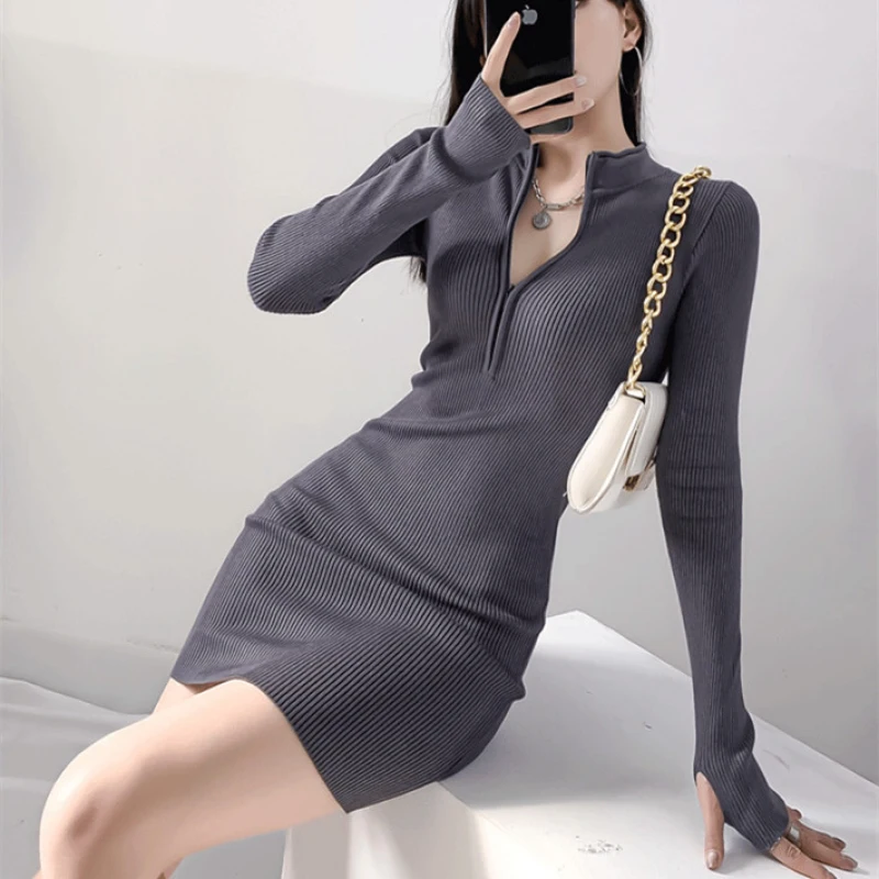 

Sexy Zipper Half-high Neck Bottoming Knitted Dress Women's Fall and Winter Slim Tight Package Hip Sweater Short Skirt