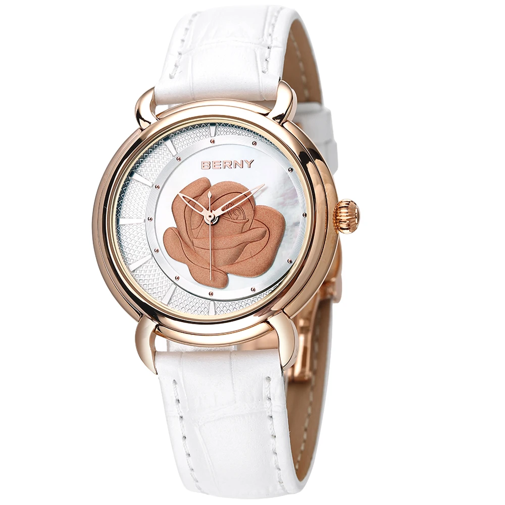 BERNY Luxury Women Quartz Watch Leather Strap Elegant Female Design Flower Waterpoof Fashion Diamond Watch for Ladies Wristwatch