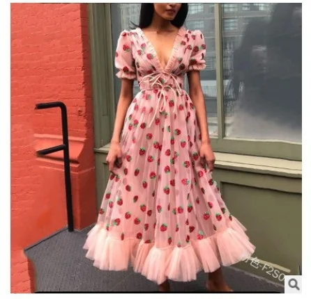 

Summer large new strawberry print ribbon sweet long skirt V-neck sexy mesh hem women's dress