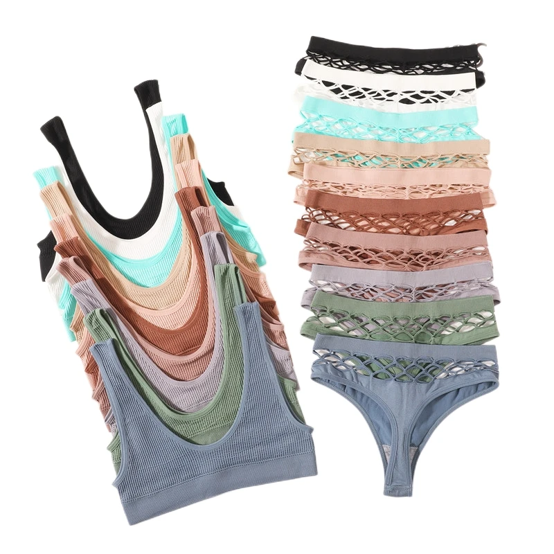 

Women Seamless Bra Set Sexy Thong Low Waist Panties Wire Free Bra Bralette Lingerie Fishnet Hollow G-String Female Underwear Set