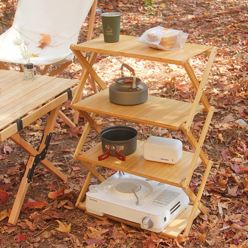 Outdoor Portable Storage Rack Camping Picnic Tableware Table Bamboo Folding Multi-Layer Display Rack