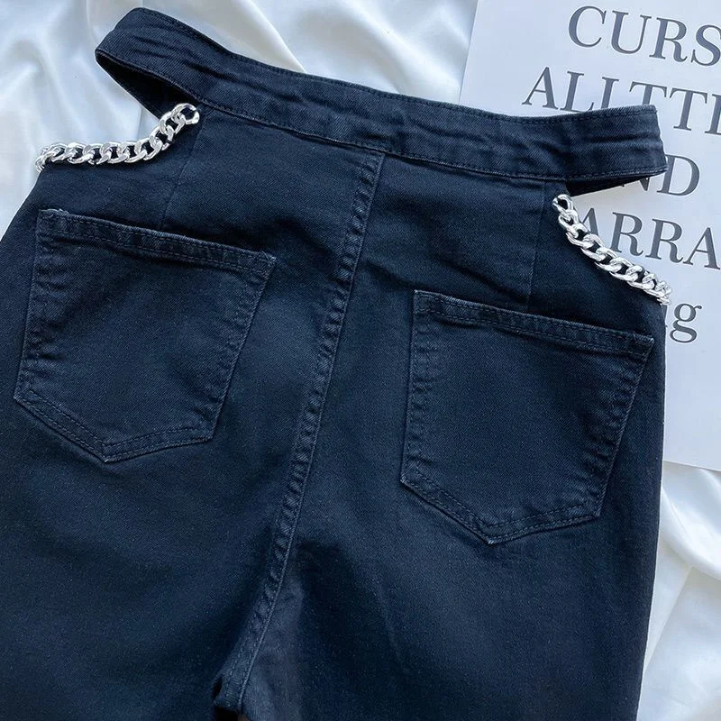 Straight Full Pants Women's Black Sexy Jeans High Waist Denim Women Skinny Hollow out Black Chain Pant Plus Size Show Hip Waist