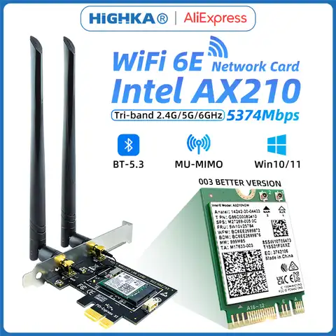 Wi-Fi 6E Ax210 PCI Express сетевая карта Intel AX210NGW Bluetooth 5,3 802.11ax трехдиапазонный 2,4G/Φ/6 ГГц WiFi6 беспроводной адаптер для ПК