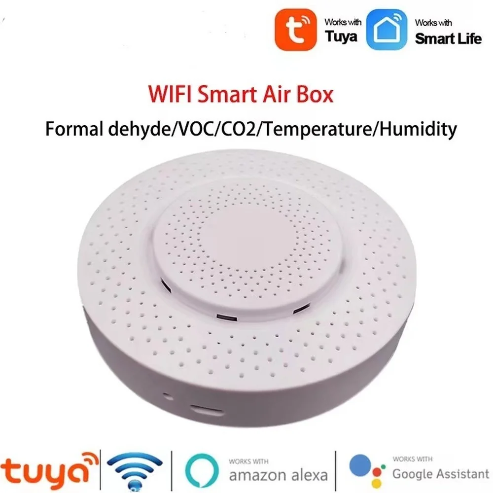 

Tuya Wifi Smart Air Box CO2 Sensor Formaldehyde VOC Temperature Humidity Sensor APP Real-time Alarm Push Security Protection