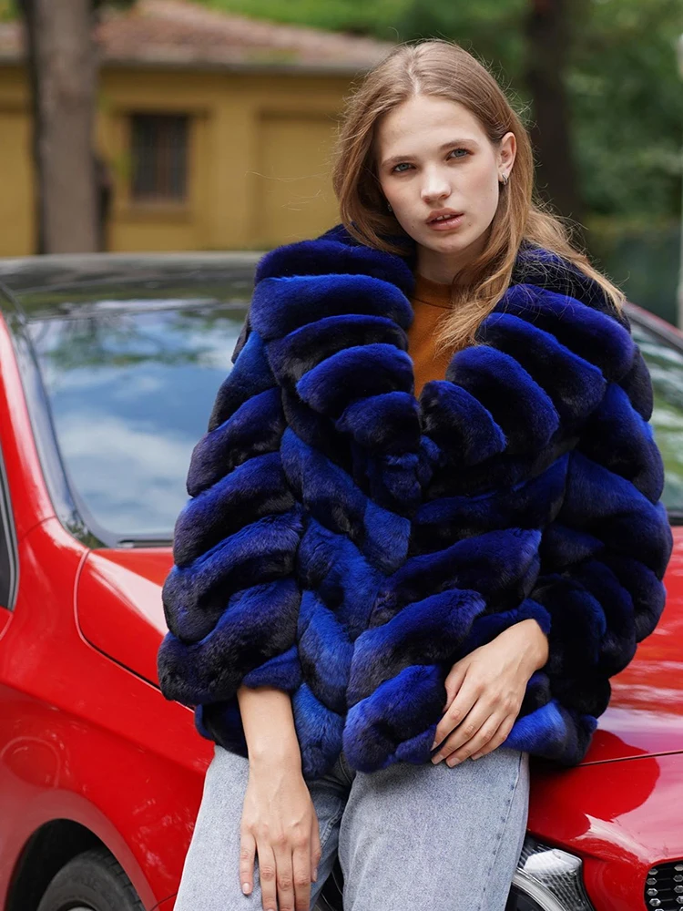 Natural Blue Rex Rabbit Fur Coat Women Fashion New Lapel Long Sleeve Outertwear Strip Sewed Casual Real Fur Jacket Female enlarge
