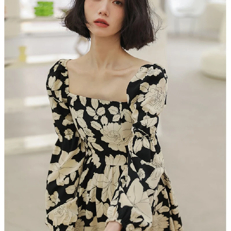 

Wisher&Tong Elegant Dresses For Women Vintage Floral Dress Long Sleeve Spuare Collar Chiffon Dress 2022 Femme Fashion Midi Dress