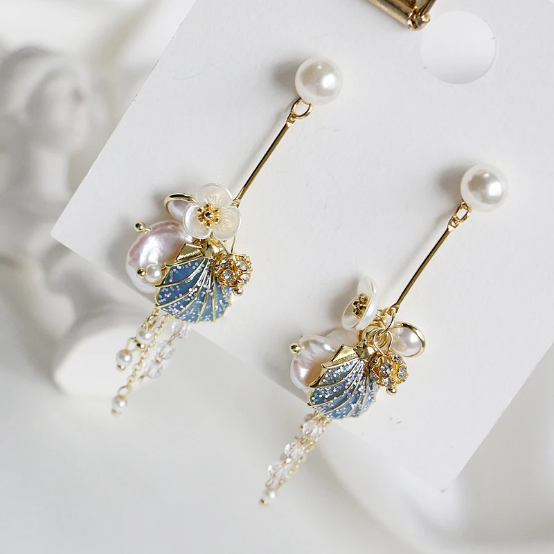 

New Arrival Vintage Simulated-pearl Fresh Blue Tassel Flower Drop Earrings For Women Pendientes Mujer Moda Statement Jewelry