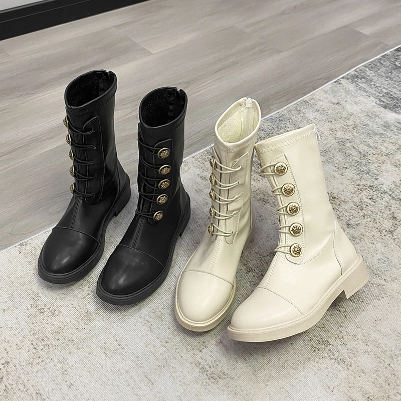 

Осень-зима 2022 новые белые женские ботинки Корейская версия короткие ботинки на толстом каблуке и платформе с пуговицами демонния