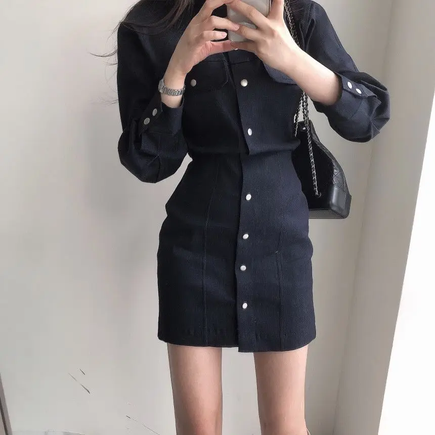 

2021 Autumn New Women Korean Fashion Elegant Shirt Dress White Retro Lapel Single-breasted Slim Fit Long Sleeve Bag Hip Dresses