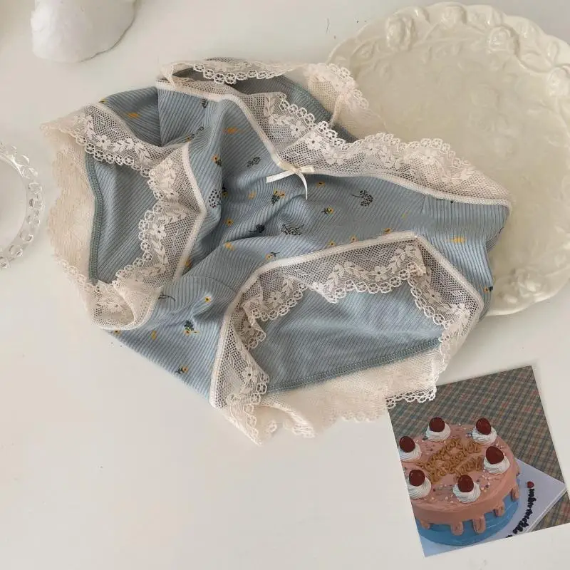 

Cute Spring Floral Ruffles Panties Bow Lace Soft Cotton Girl Underwear Mid-Waist Lingerie Women's Modal Sweet Breathable Briefs