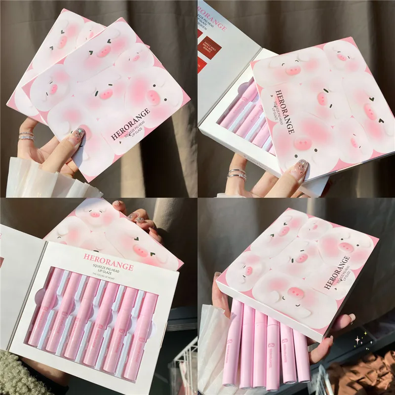 

6Pcs Cute Pig Head Lipstick Set Matte Velvet Mist Lip Glaze Waterproof Long Lasting Makeup Not Easy To Fade Lip Gloss Cosmetics