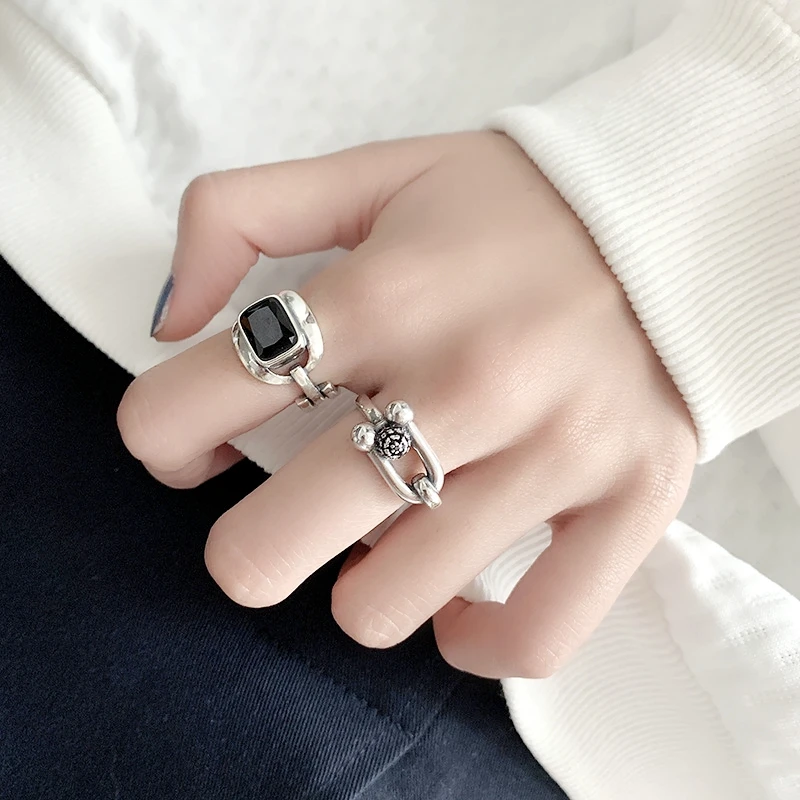 

WEDHOC 925 Sterling Silver Vintage Geometric Block Black Crystal Resizable Opening Ring For Women Luxury Jewelry Party Gift