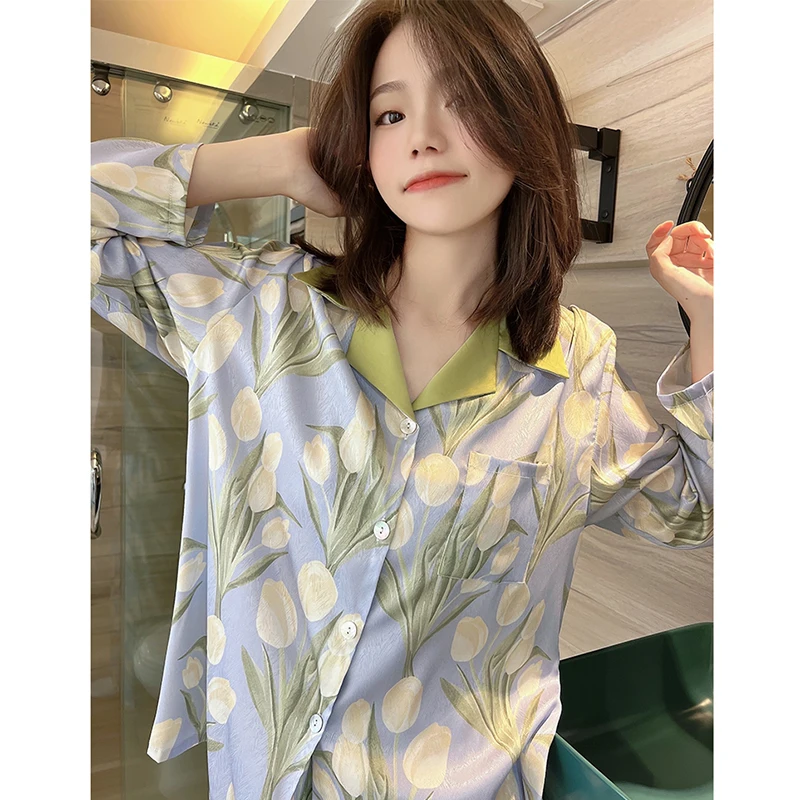 Women Fashion Tulip Flower Pajamas Sets Faux Silk Long Sleep Wear Home Clothes Suits