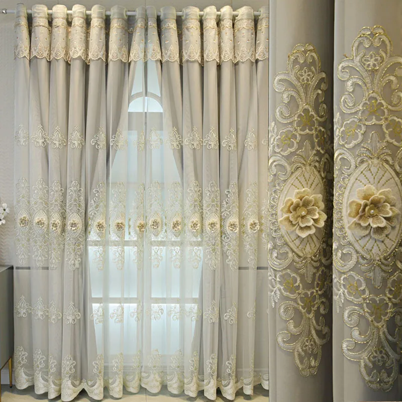 

European Light Luxury Double-Layer Blackout Curtains Embossed Embroidery Single Tulle Sheer Panel For Living Room Bedroom #4