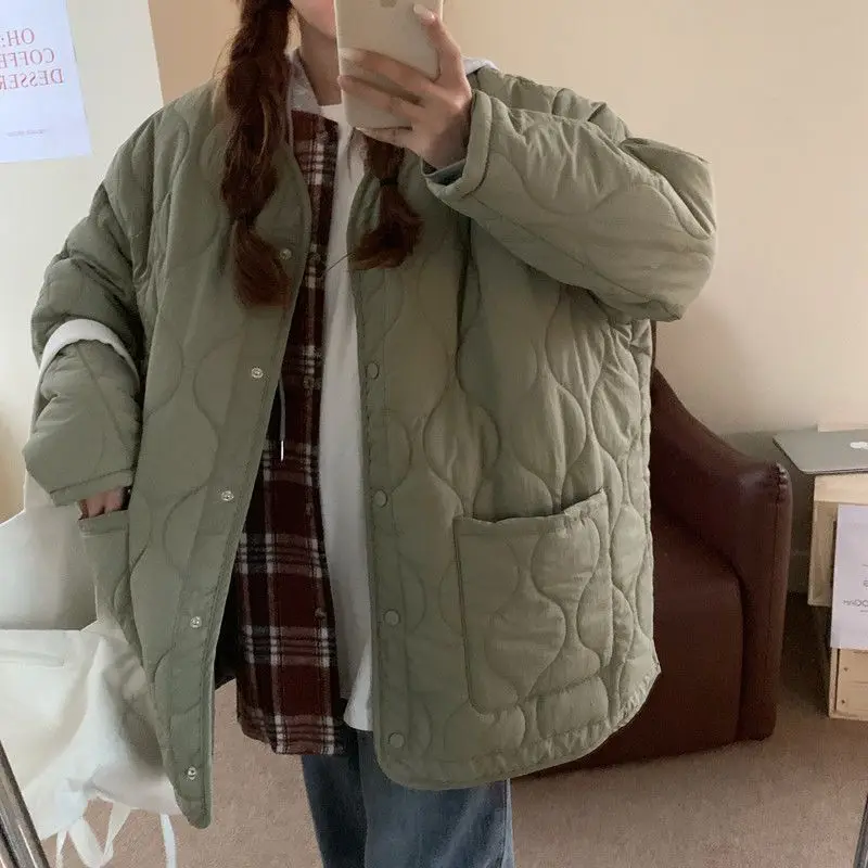Clothes Korean Cotton-padded Jacket Women Winter O-neck Thicken Down Coat Female Loose Diamond Solid Casual Streetwear Parkas