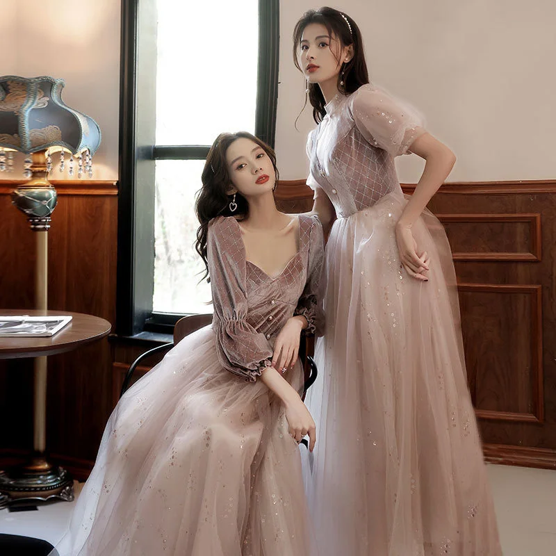 

Bridesmaid evening dress fairy temperament thin cover meat dress wedding sister group women's long sleeves