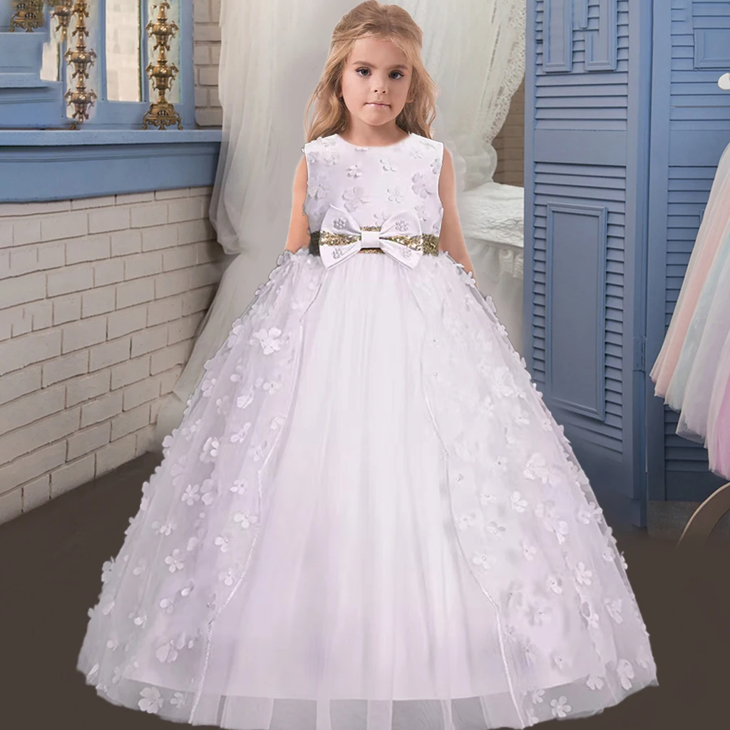 

Tulle Formal Flower Party Dresses For Girls Children Costume Sequin Lace Bow Wedding Princess Dress Evening First Communion Gown