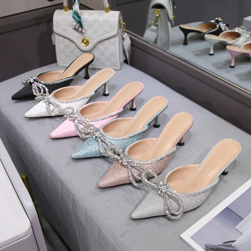 

2022 New Crystal Sequined Bowknot Women Sandals Sexy Slippers High Heels Female Pump Summer 2022 Wedding Prom Shoes Large Size