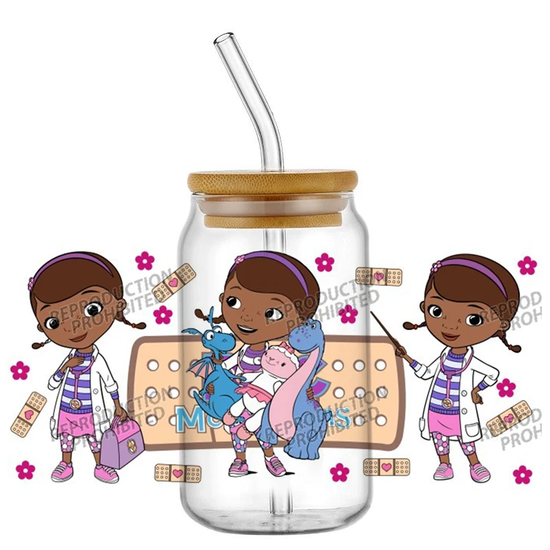 

Мультяшная анимация Doc McStuffins узор УФ DTF переводная наклейка водонепроницаемые переводные наклейки для стеклянных чашек 16 унций наклейки