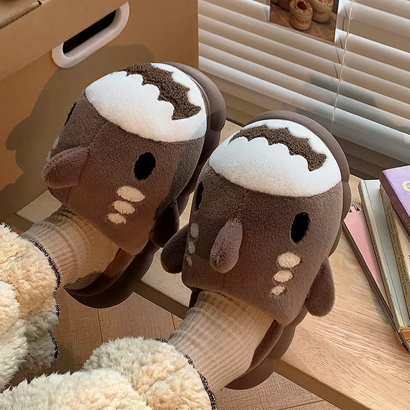 

New Fashion Plush Shark Slippers Women Winter Indoor Thick Bottom Cartoon Children'S Shark Cotton Shoes Home Warm Room Shoes