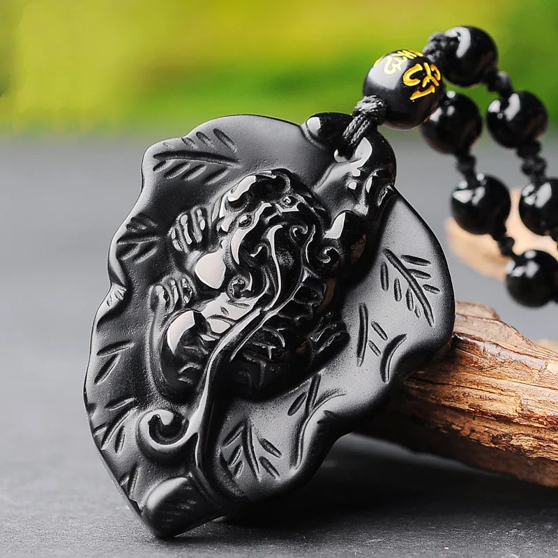 

Natural Obsidian Handmade Carved Bamboo Leaf Pendant Fashion Fine Jewelry Men's and Women's Money Attracting Necklace