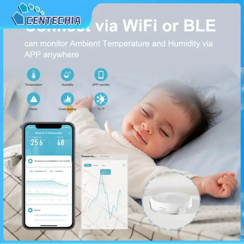 

Многофункциональный электронный датчик температуры и влажности, совместимый с Wi-Fi и bluetooth, работает с голосовым помощником