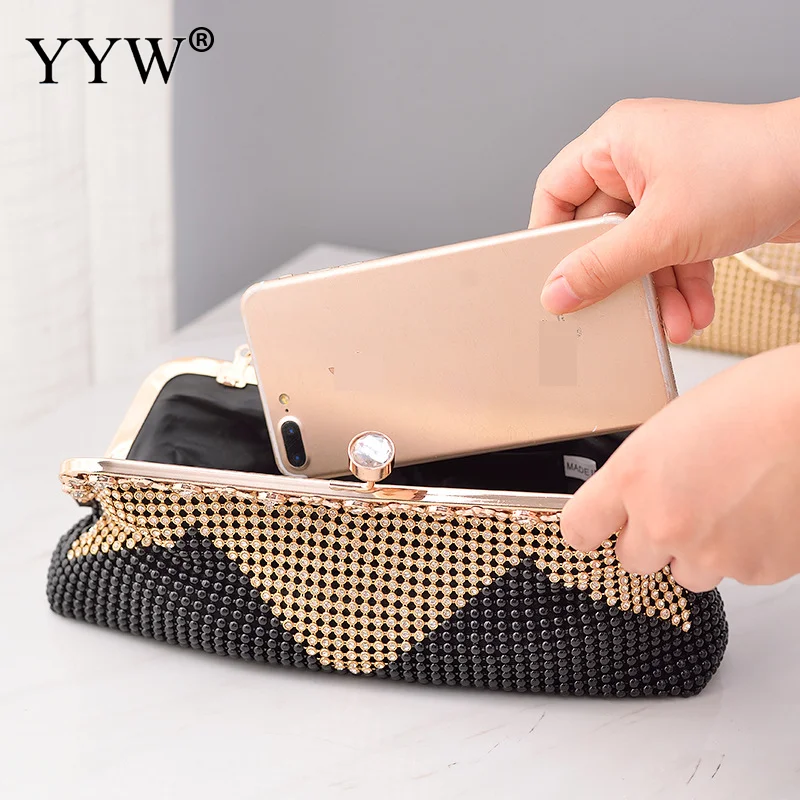 Luxury Diamond Beaded Women Evening Party Clutch Handbag Bling Rhinestone Soft PU Leather Metal Handle Lady Purse with Chain