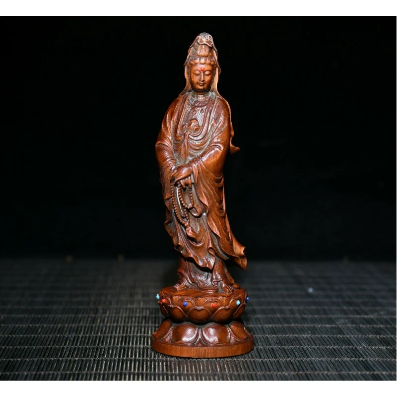 Chinese Natural Boxwood Handmade Exquisite Guanyin Bodhisattva Statue