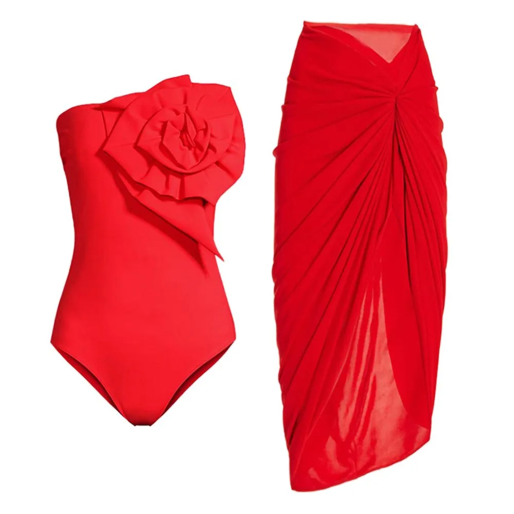 

Red Tube Top One-Piece Swimsuit Three-Dimensional Flower Decoration Beachwear 2023 Women'S Halter Sexy Bikini Simple Strap Cover