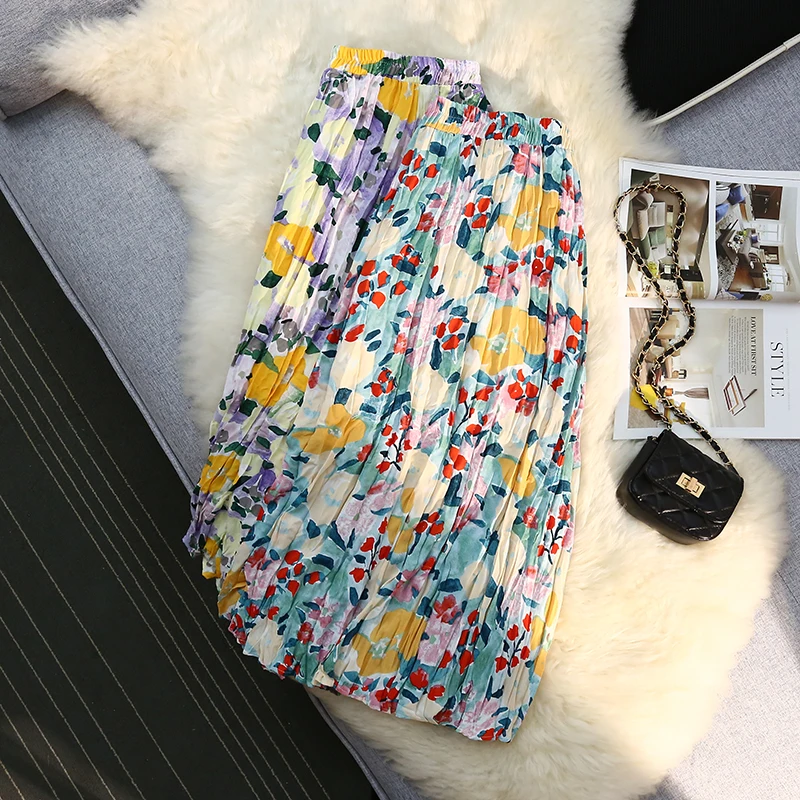 

The Sun Yellow Retro Art Flowers Loose Bust Skirt Of Tall Waist Dress Summer New Female Temperament Gentleness