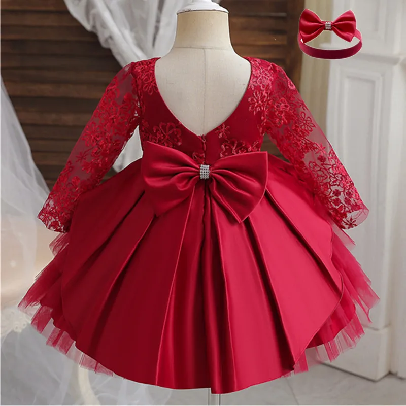 Toddler Baby Girls Red Birthday Princess Dresses Kids Autumn/Winter Long Sleeve Backless Clothes Flower Girl Wedding Lace Dress